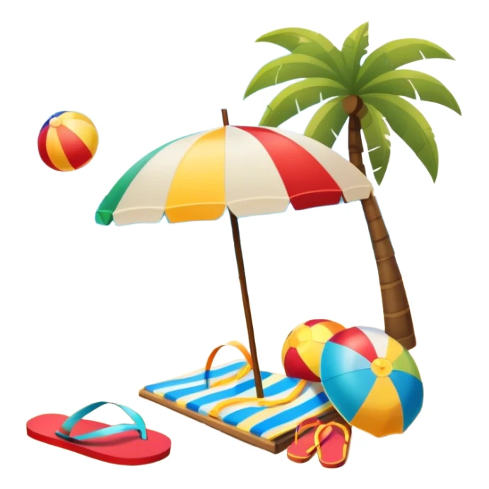 Icon for Beach Tourism: a sandy beach with a sun umbrella, beach ball, and flip-flops, with the ocean waves in the background. The icon should capture the relaxation and fun of a beach vacation. Transparent background sticker