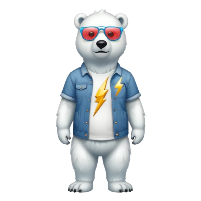 friendly anthropomorphised polar bear standing upright, looking chilled and unbothered, wearing a shirt, jeans, trainers, and lightning bolt-shaped colorful glasses sticker