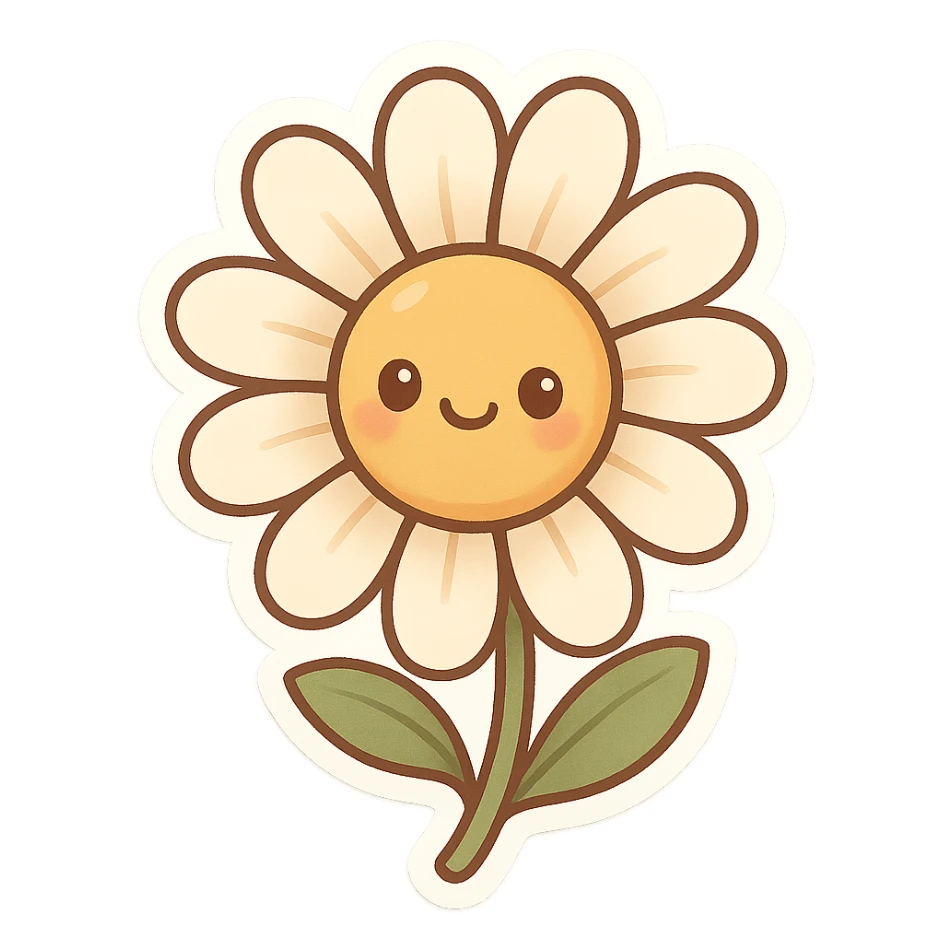 a daisy flower with a smiling face in the center, cartoon style sticker
