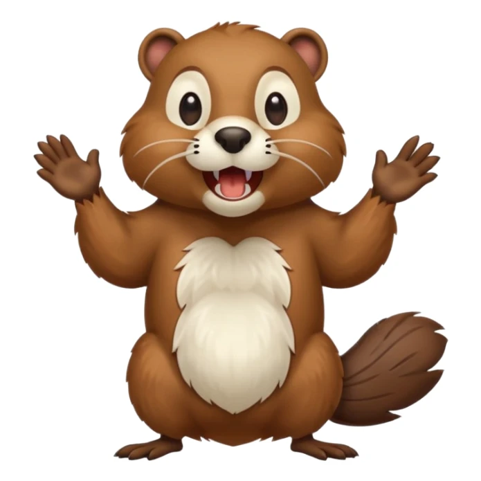  A crazy beaver is standing on its hind legs with its front paws stretched out in front of it. It has a brown fur coat with white fur around its eyes and nose. mouth is open, revealing sharp teeth.  sticker