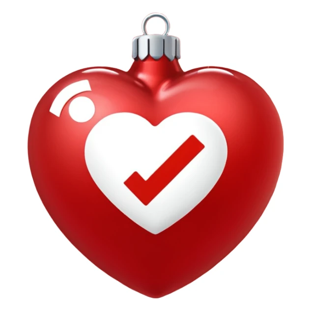 red Christmas heart-shaped ball with white "S" logo sticker