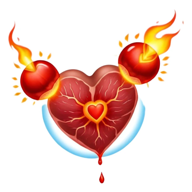 Glowing pieces of red meat floating around a red blood cell that shines brightly like a torch. Streams of light connect the blood cell to a heart and muscles, showing how heme iron creates energy and vitality throughout the body. sticker