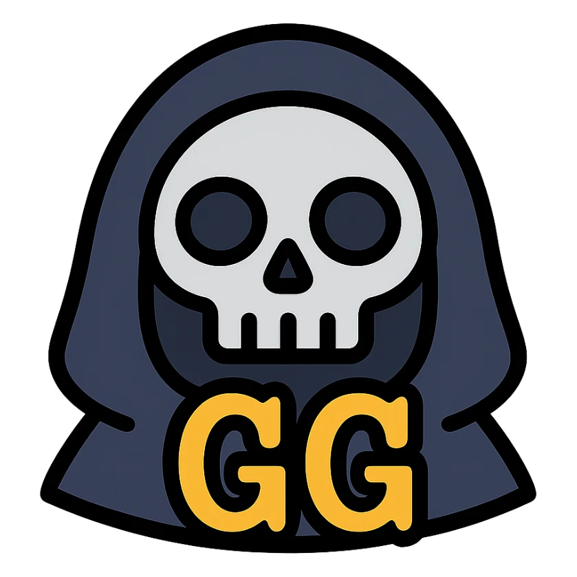 grim reaper head with 'gg' text, color outline icon style, bold lines sticker