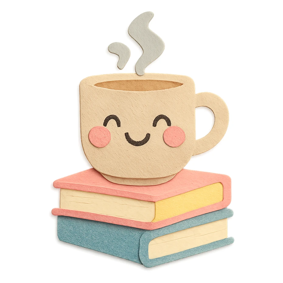 coffee cup with stack of books, blushing cheeks, cozy hand-drawn pastel style sticker