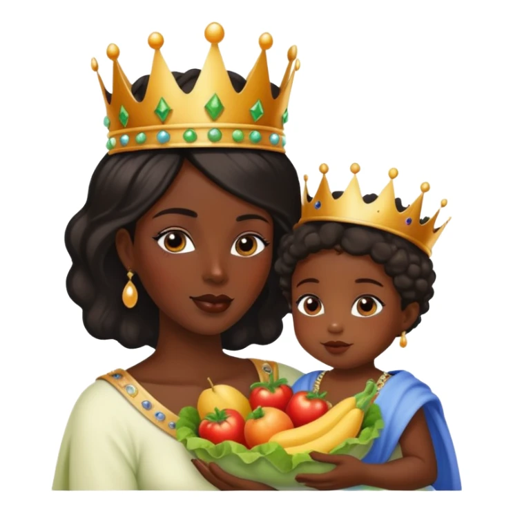 A black dark skin queen, with a beautiful crown alimentando a su bebé con frutas y verduras  sticker