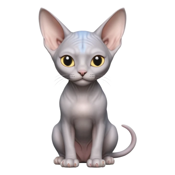 A 3D cartoon silver-gray Sphynx cat with smooth skin, gentle expression, elegant pastel lighting, cinematic Memoji rendering. full body or half body. sticker