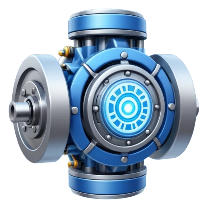 Powerful modern engine emoji, thick industrial metal body, rotating inner parts, glowing energy core. sticker