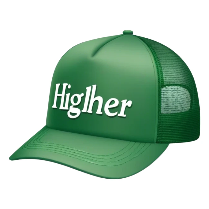 green higher trucker hat with center text "HIGHER" written on it,  white center sticker