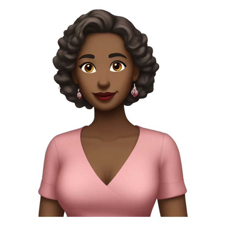 She has soft features, fair skin, and almond-shaped eyes. Her defined eyebrows and natural pink lips frame her face. Her dark, wavy hair is partly tied back, giving her an elegant yet relaxed look.  She wears a red V-neck long luxurious dress. White skin. sticker