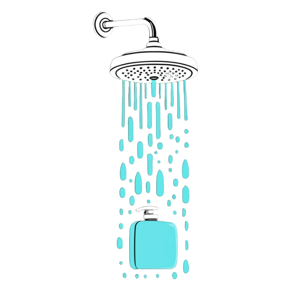 a showerhead spraying water with soap and shampoo bottles sticker