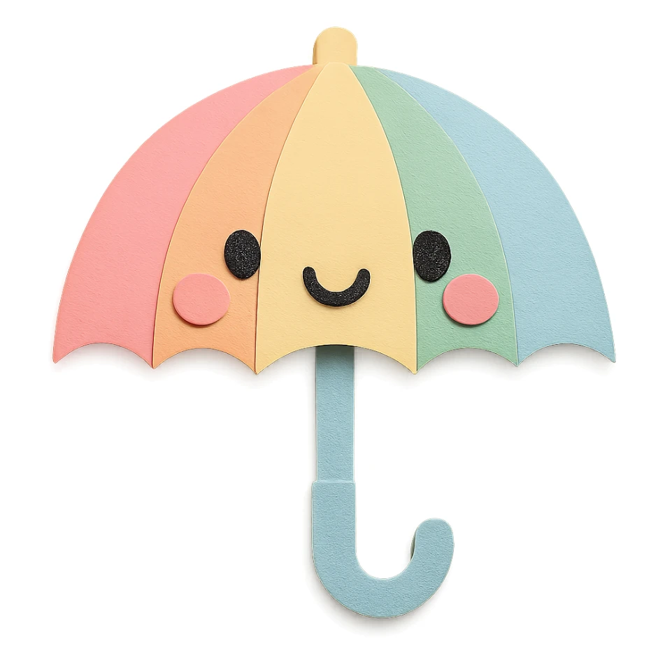 Regenerate this umbrella as a kawaii pastel rainbow umbrella with a smiling face, no arms, no legs, full body, soft pastel kawaii paper craft style. Keep the paper craft texture and cute look, transparent background. sticker