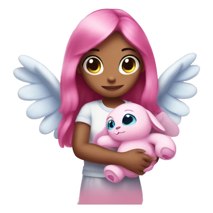 angel from stich in pink with a plushee in her hands sticker