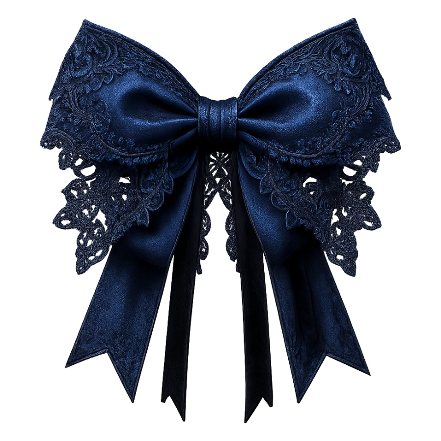 Edit the image to depict a blue gothic bow with lace details, dark blue accents, tiny skull charms, and black velvet ribbons. The background should be removed. Maintain a gothic style with intricate lace and dark blue tones. sticker