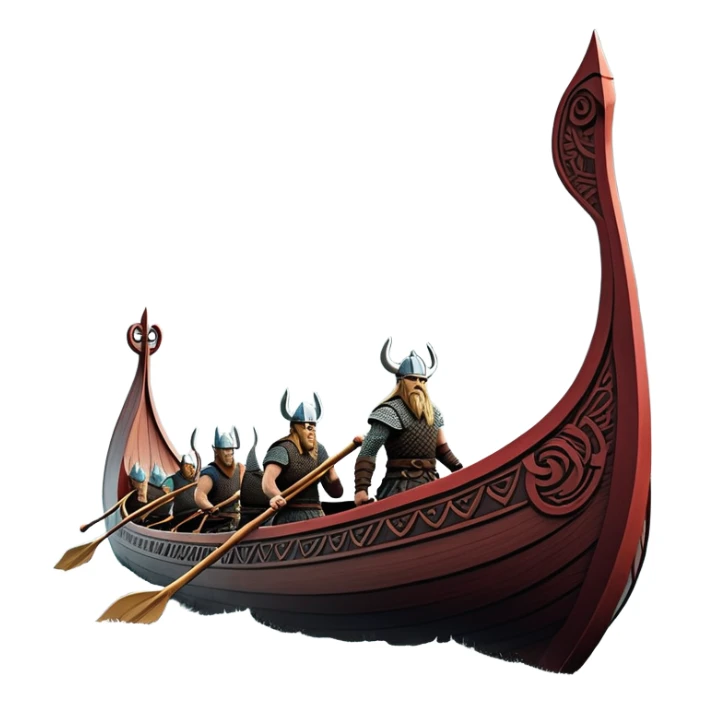detailed-cinematic-viking-longboat, rendered in a flat, bold vector style with minimal shading, featuring a striking dragon-headed prow slicing through waters. shields on the side and vikings rowing The longboat’s, the boat has carved motifs evoke a sense of epic adventure and Nordic might, with billowing sails catching a dramatic, stormy sky backdrop. sticker