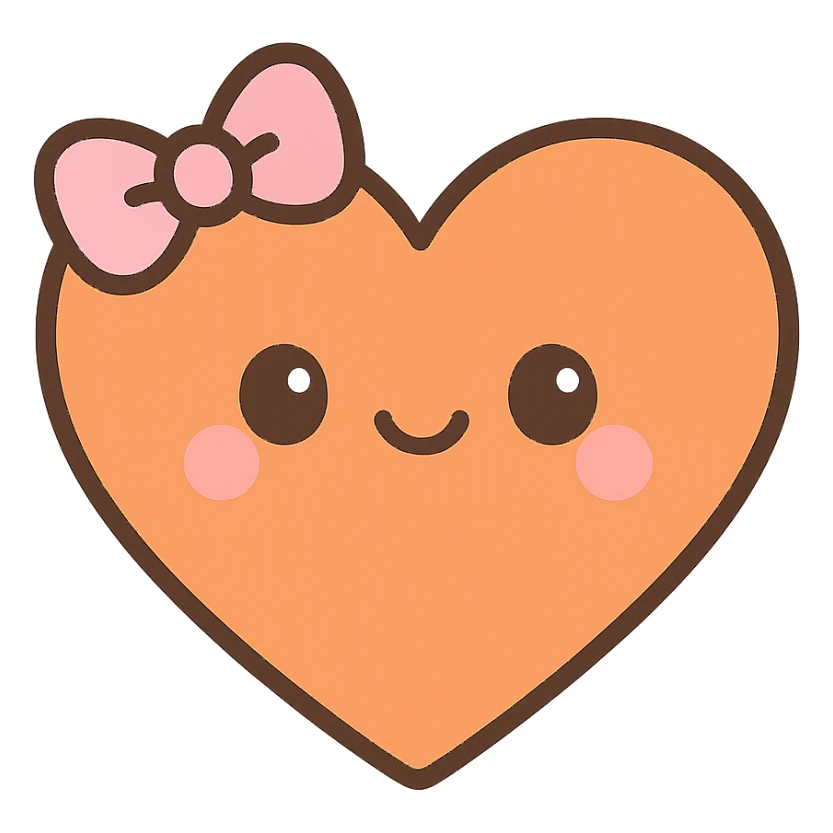 an orange heart with accessories, cute with a smiling face and bow, kawaii style sticker