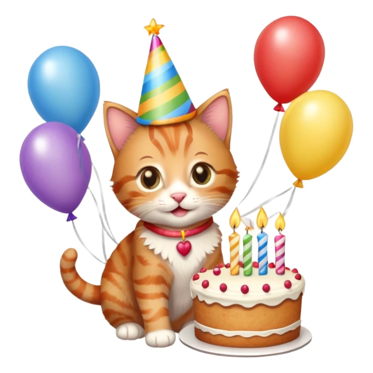 Ginger tabby kitten celebrates birthday, birthday hat, birthday cake, one candle, balloons, happy, gifts sticker