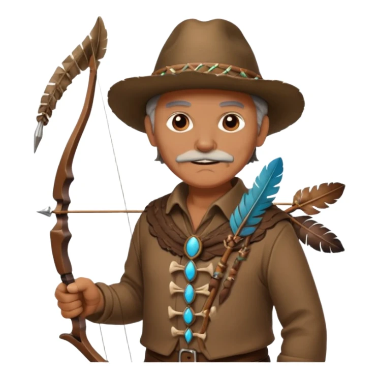The classic image of a middle-aged uncle hunter carrying a bow, dressed in brown clothes, with some ornaments made of feathers, bones or teeth on his body. sticker