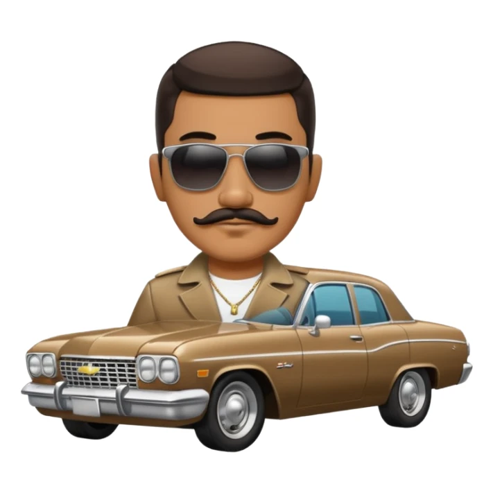 Hispanic gangster with thick mustache and dark sunglasses with a Chevy impala car in the back  sticker