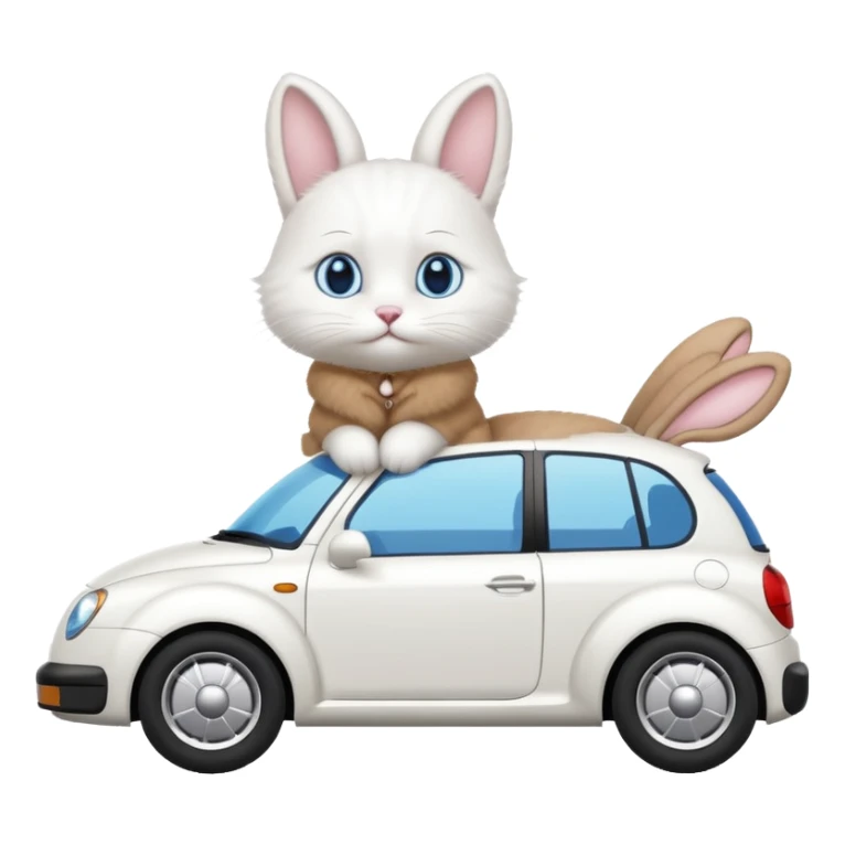 Please create a small emoji the size of 🚗 featuring a pure white cat with bunny tail (not ears) with blue eyes on a white saloon car viewed from side. Again it is necessary that the emoji must be extremely small, much smaller than a standard sized sticker. sticker