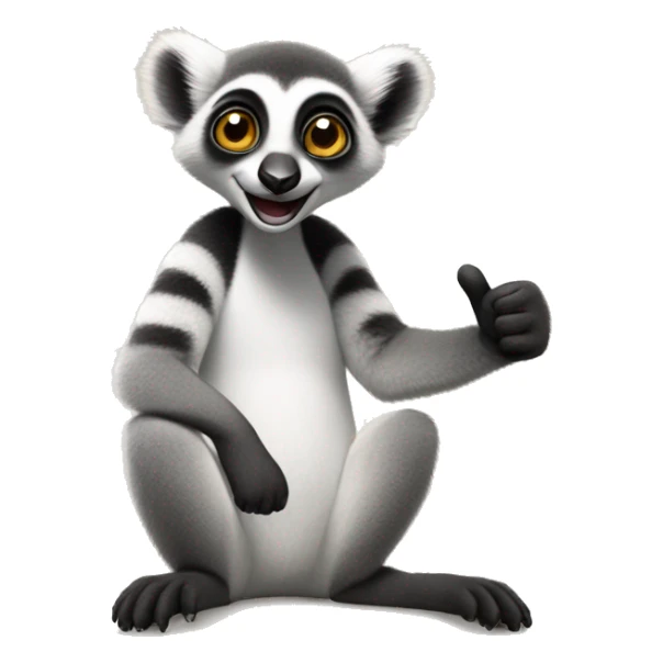 A smart lemur sits sideways, looks at us, shows a thumbs up on its upper paw and smiles sticker