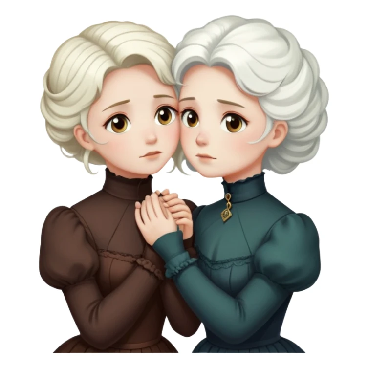 Two Victorian women with light eyes, one with bright white coiffed hair and one with dark copper coiffed hair, wearing Victorian turtleneck dresses, embracing each other in a sad, intimate hug sticker