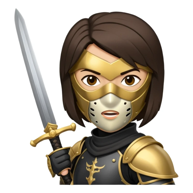 Brunette sword fighting assassin with a mouth mask and black and gold armour sticker