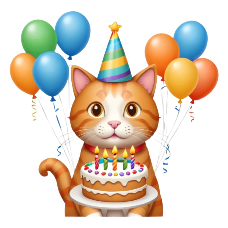 Ginger cat celebrates birthday, birthday hat, birthday cake, balloons, happy sticker