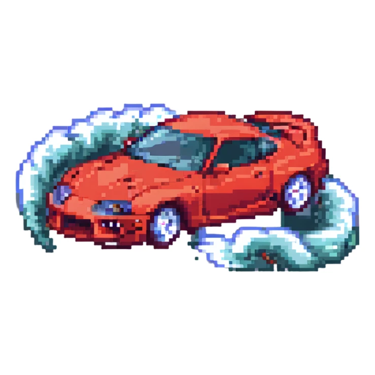 Toyota Supra drifting, pixel art style, smoke effects, dynamic pose, arcade racing game vibe sticker