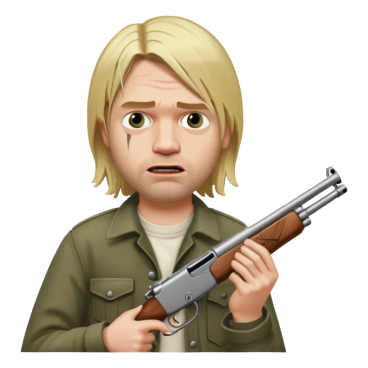 Kurt Cobain thoughtfully holds a double-barreled shotgun aimed at his open mouth. sticker