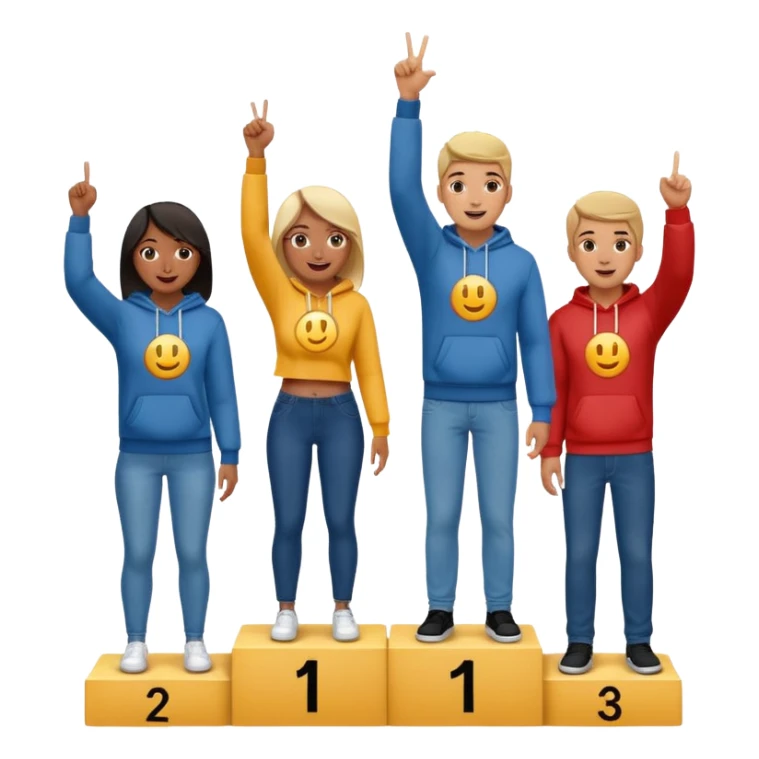 three multi-racial people on a winners podium with the center step higher, no numbers, all in fun jeans and hoodies, center person holds up one finger on each hand to signal number one, excited, fun, expressive emoji style sticker