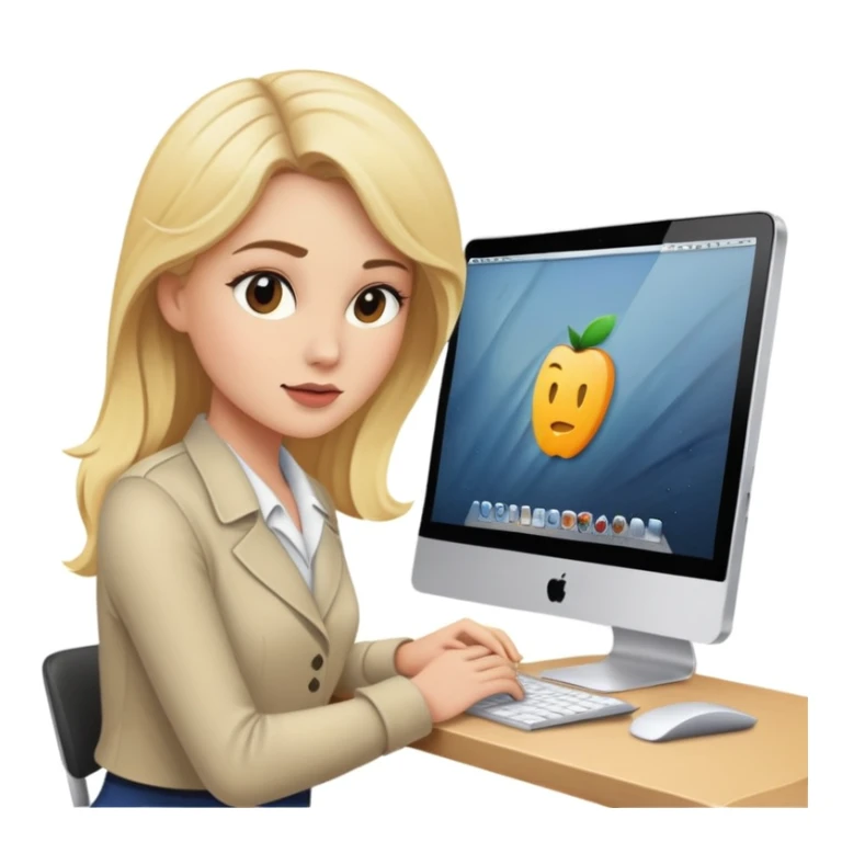 blonde woman working in front of her mac sticker