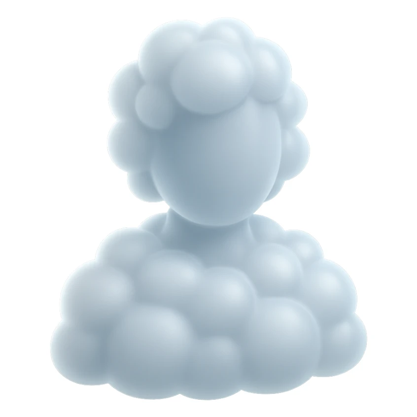 person from shoulders up, fully composed of white fluffy convex clouds, matte glass style sticker