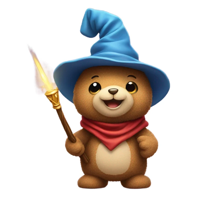 Cute teddy bear character wearing a wizard hat, holding a wand and smiling sticker
