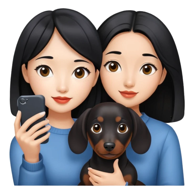 black hair asian girl taking selfie with black dachshund sticker