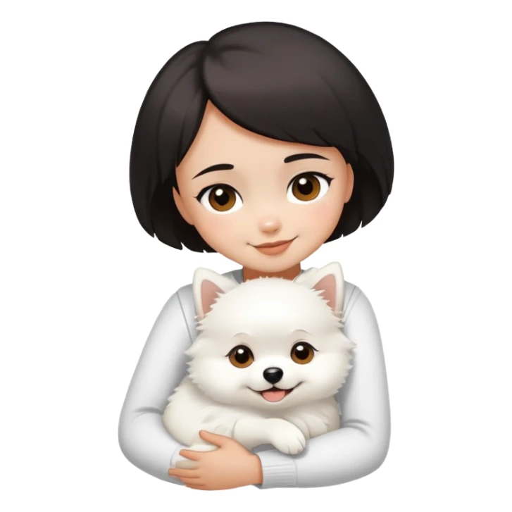 A black short-haired girl happily hugs a white Pomeranian sticker