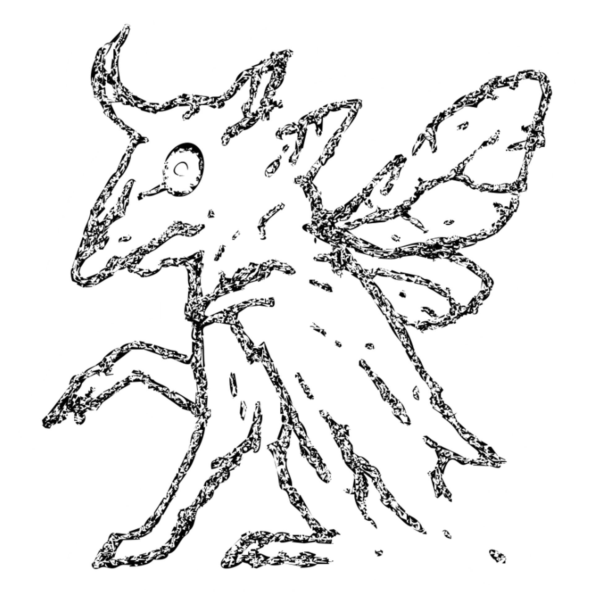 maximum deterioration: an extremely fragmented red line art of a hybrid creature with minotaur skull with broken horn and single glowing red eye, stoat features with tattered cape, and disintegrating moth wings, most outlines completely missing, severe deterioration with massive gaps and broken lines, eroded to almost nothing, like the final traces of an ancient worn sigil sticker