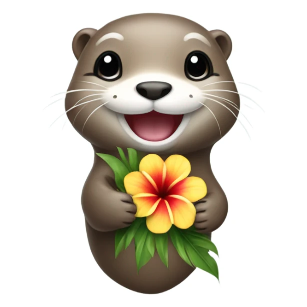 A happy and cute otter face holding a Hawaiian flower sticker