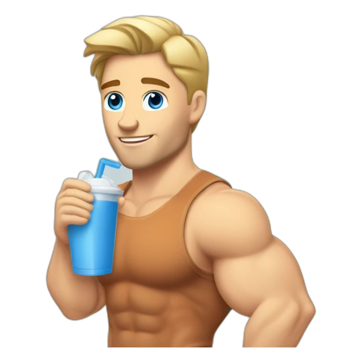 caucasian white muscled guy drinking a protein shake, goes to the gym everyday and works in tech. Has blonde/brunette hair, blue eyes. sticker