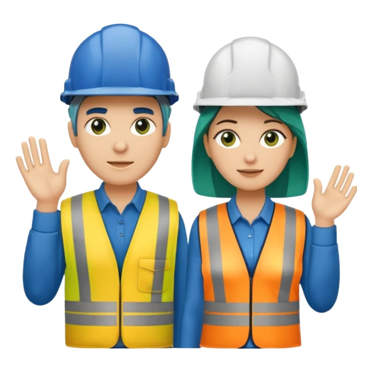 Um homem e uma mulher amarelos com capacete de obras ambos azul escuro e camisa social cinza com faixas refletivas verdes nos braços. Um deles deve estar segurando um megafone sticker