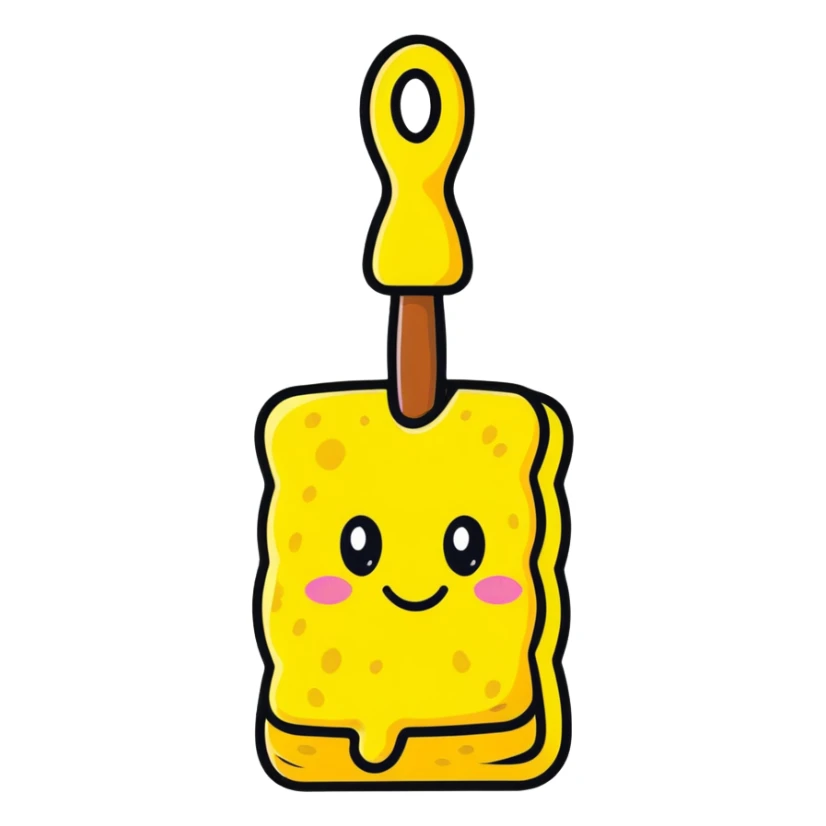 A cheerful yellow kitchen sponge with a cute smiling face and eyes sticker