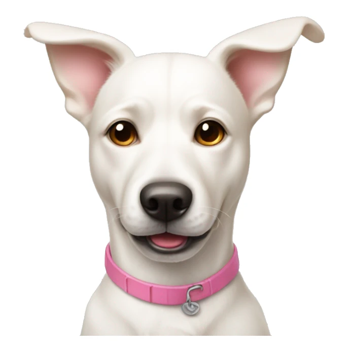 White dog with tan colored ears and a pink nose sticker