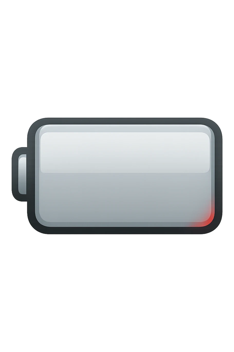 iPhone-style emoji of a battery that is almost empty, with a small red bar at the end indicating low energy. Clean, minimal, glossy look, transparent background. sticker