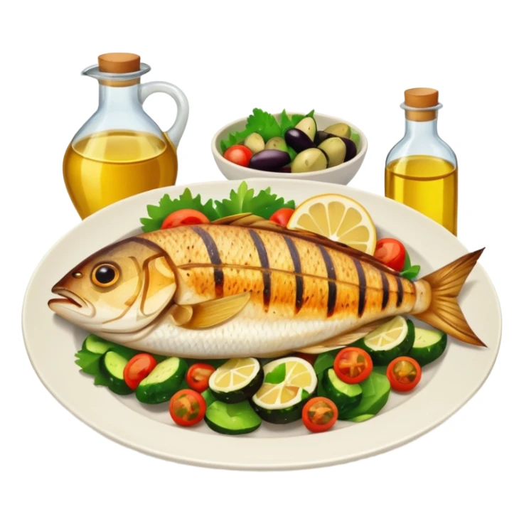 plate with fish, vegetables, and olive oil bottle sticker