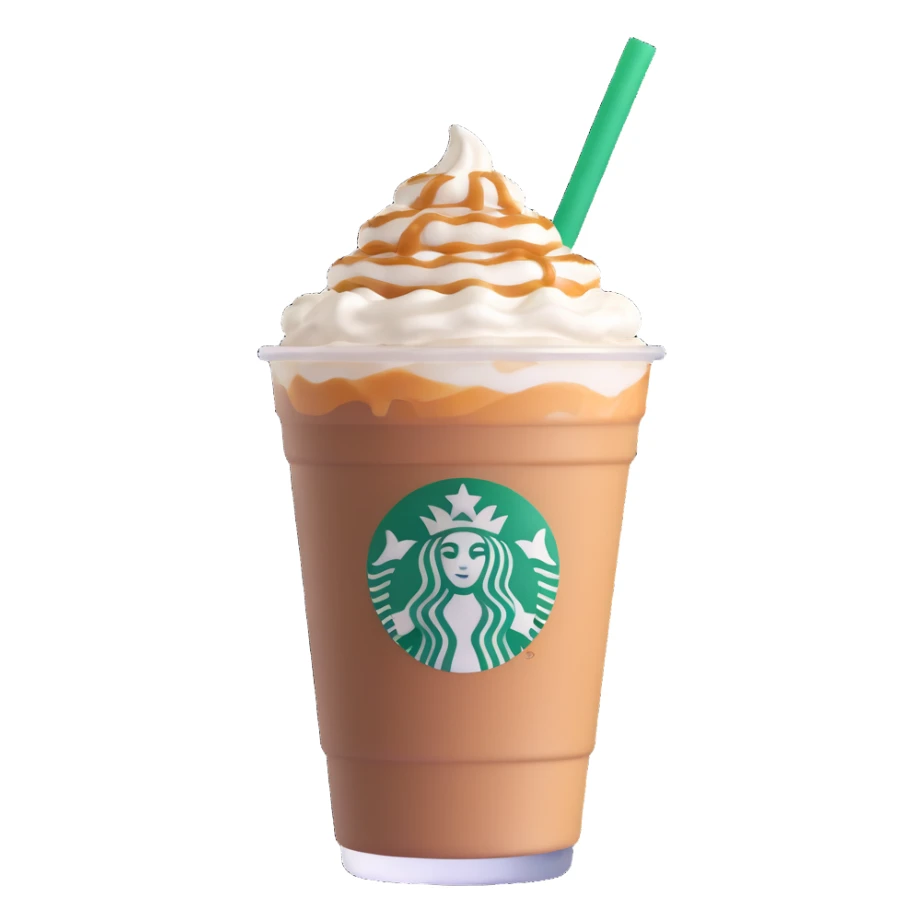 Starbucks iced latte in plastic cup with whipped cream and caramel drizzle sticker