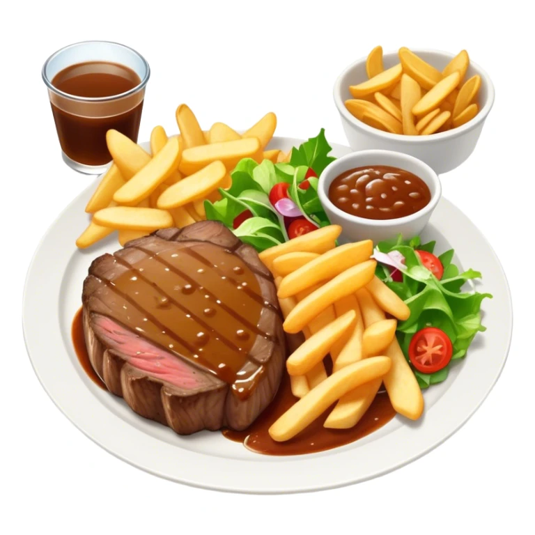 big juicy australian steak meal featuring chips, small salad in a ramiken and gravy  sticker