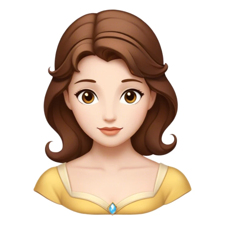 Cinematic Timeless Belle Portrait Emoji, rendered in a clean, vector style. Depict Belle with fair, luminous skin, beautifully arranged brown hair, and a serene, graceful expression, dressed in her classic attire. The design features bold, simplified shapes, a soft, enchanting glow, and a subtle glowing outline, capturing the essence of pure, timeless beauty. sticker