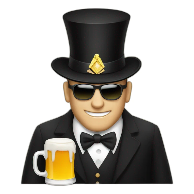 man in black Masonic, black top hat, white tie, with a mug of beer sticker