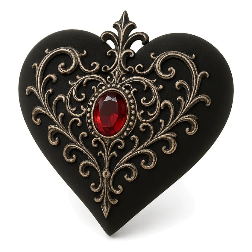 gothic heart in 3D black style, black velvet texture, silver filigree details, deep red gemstone centerpiece, ornate and dramatic design sticker