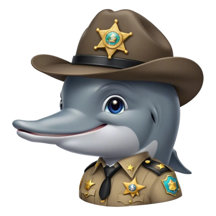 dolphin, in sheriff attire, with badge sticker