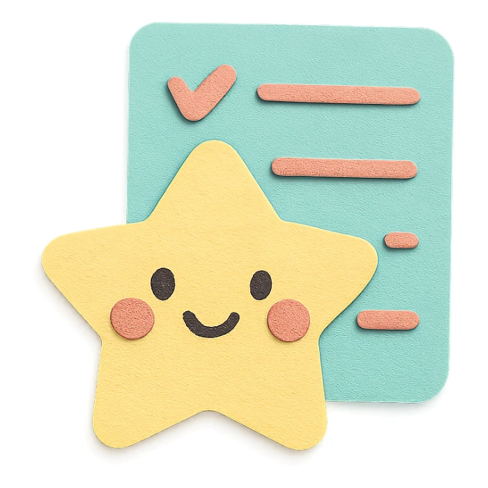 soft pastel cute star-shaped checklist icon with a smiling face sticker
